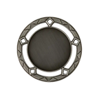 A product photo of a 3" antique finish, 5 diamond-shaped holes, patterned outer circle, Silver specialty medallion with a debossed centre for dtf printing