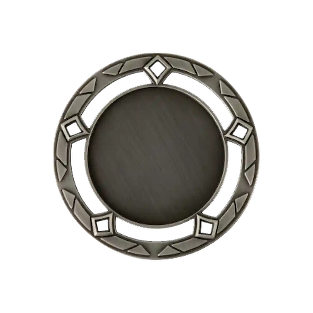 A product photo of a 3" antique finish, 5 diamond-shaped holes, patterned outer circle, Silver specialty medallion with a debossed centre for dtf printing