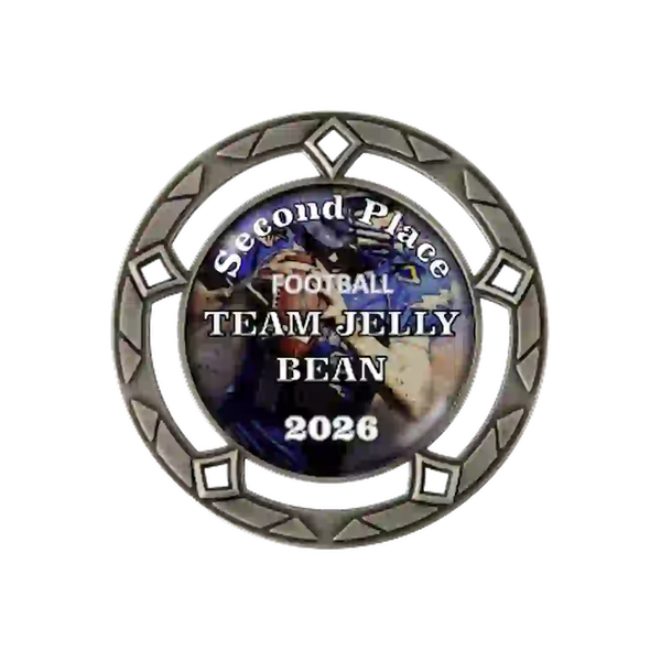 A product photo of a 3" dtf specialty medallion in Silver color featuring a Football event.