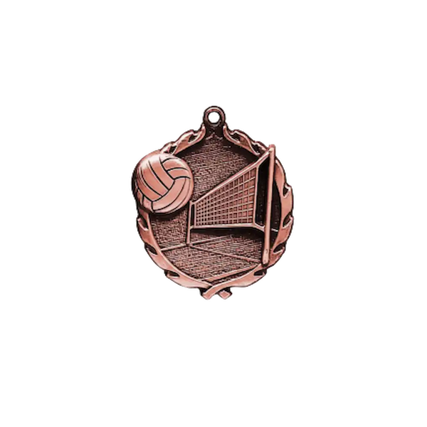 A product photo of small sculptured Bronze Volleyball medallion.