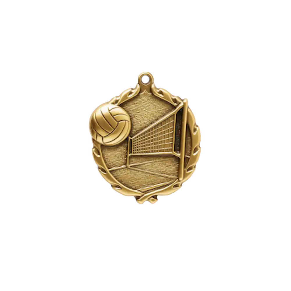 A product photo of small sculptured Gold Volleyball medallion.