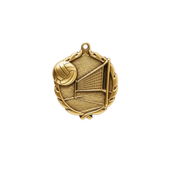 A product photo of small sculptured Gold Volleyball medallion.