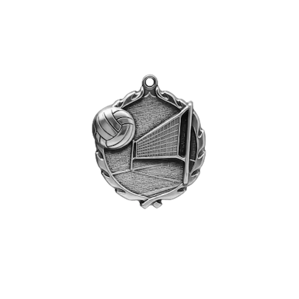 A product photo of small sculptured Silver Volleyball medallion.