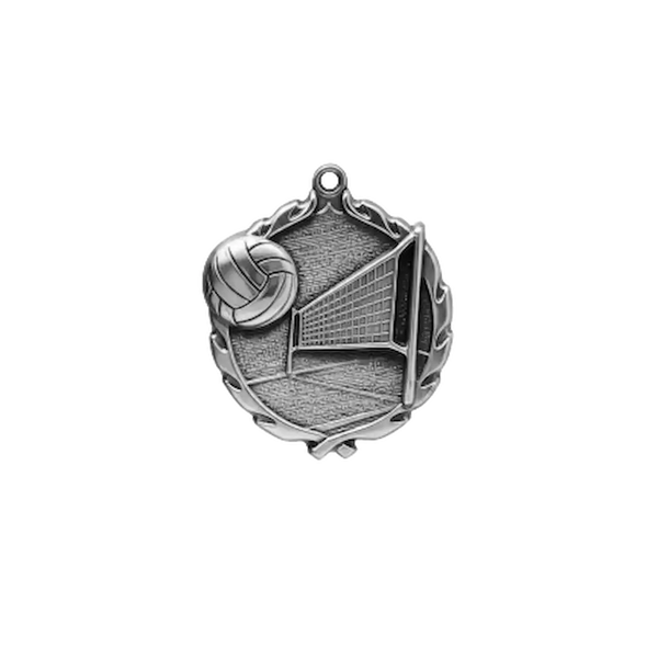 A product photo of small sculptured Silver Volleyball medallion.