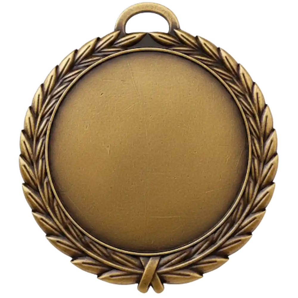A product photo of a 4" antique finish full wreath Gold specialty medallion with a debossed centre for dtf printing