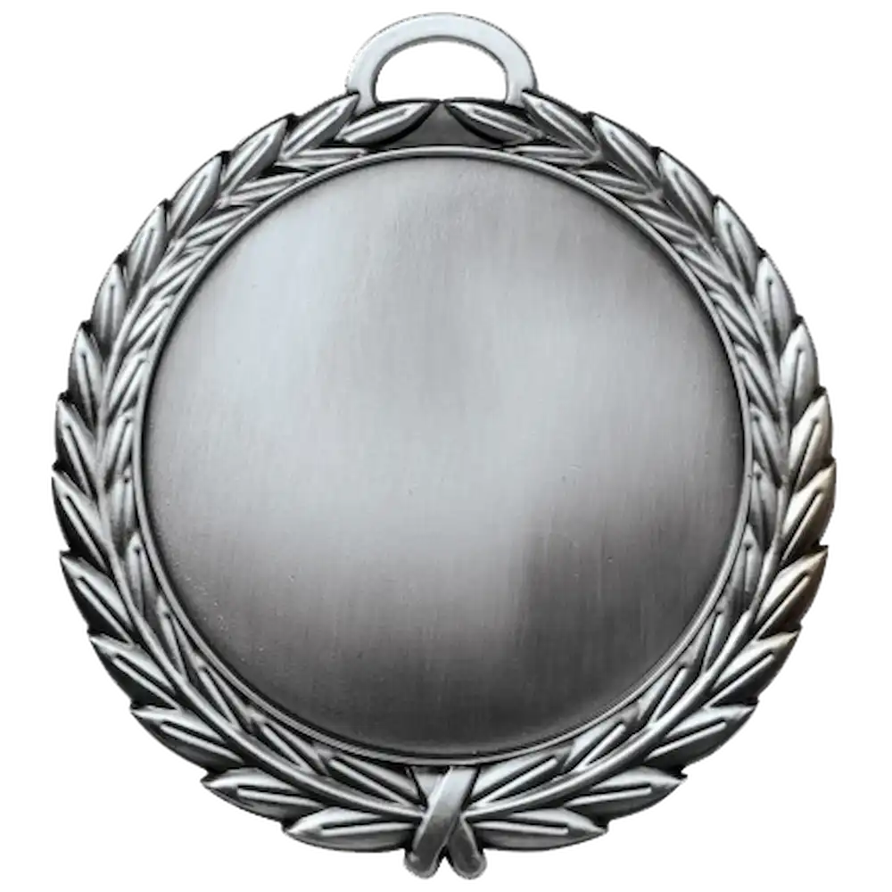 A product photo of a 4" antique finish full wreath Silver specialty medallion with a debossed centre for dtf printing