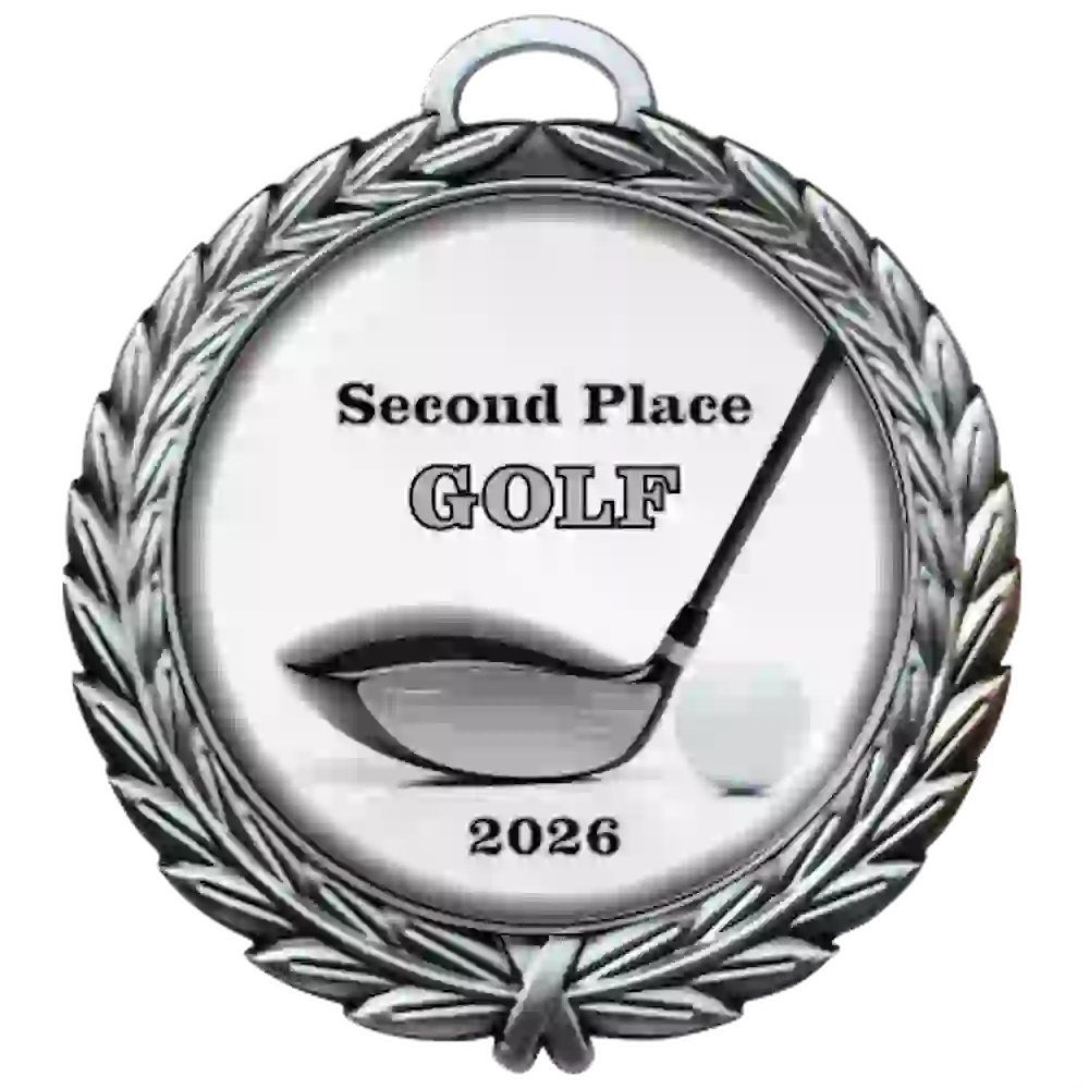 A product photo of a 4" dtf specialty medallion in Silver color featuring a Golf event.