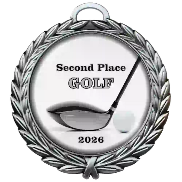 A product photo of a 4" dtf specialty medallion in Silver color featuring a Golf event.