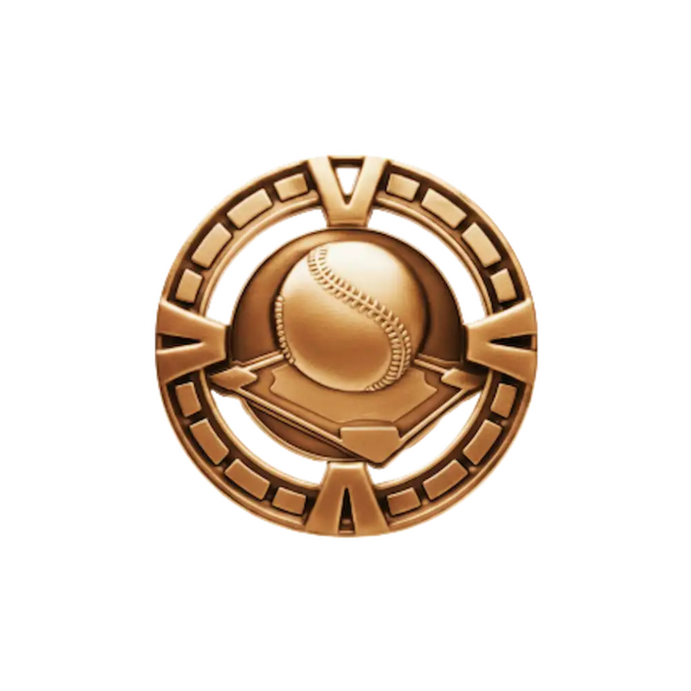 A product photo of Bronze Varsity Baseball medallion.
