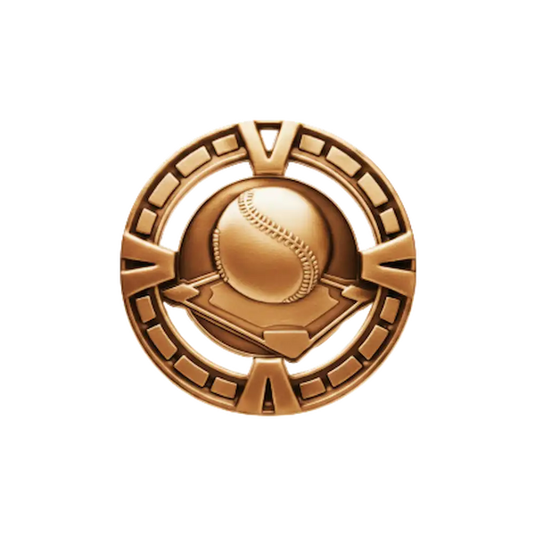A product photo of Bronze Varsity Baseball medallion.