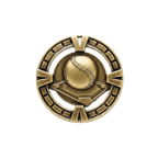 A product photo of Gold Varsity Baseball medallion.