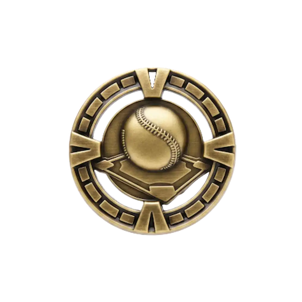 A product photo of Gold Varsity Baseball medallion.
