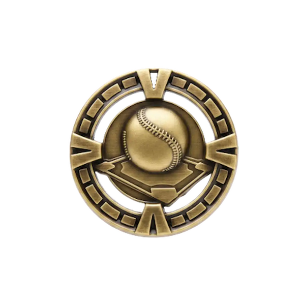 A product photo of Gold Varsity Baseball medallion.