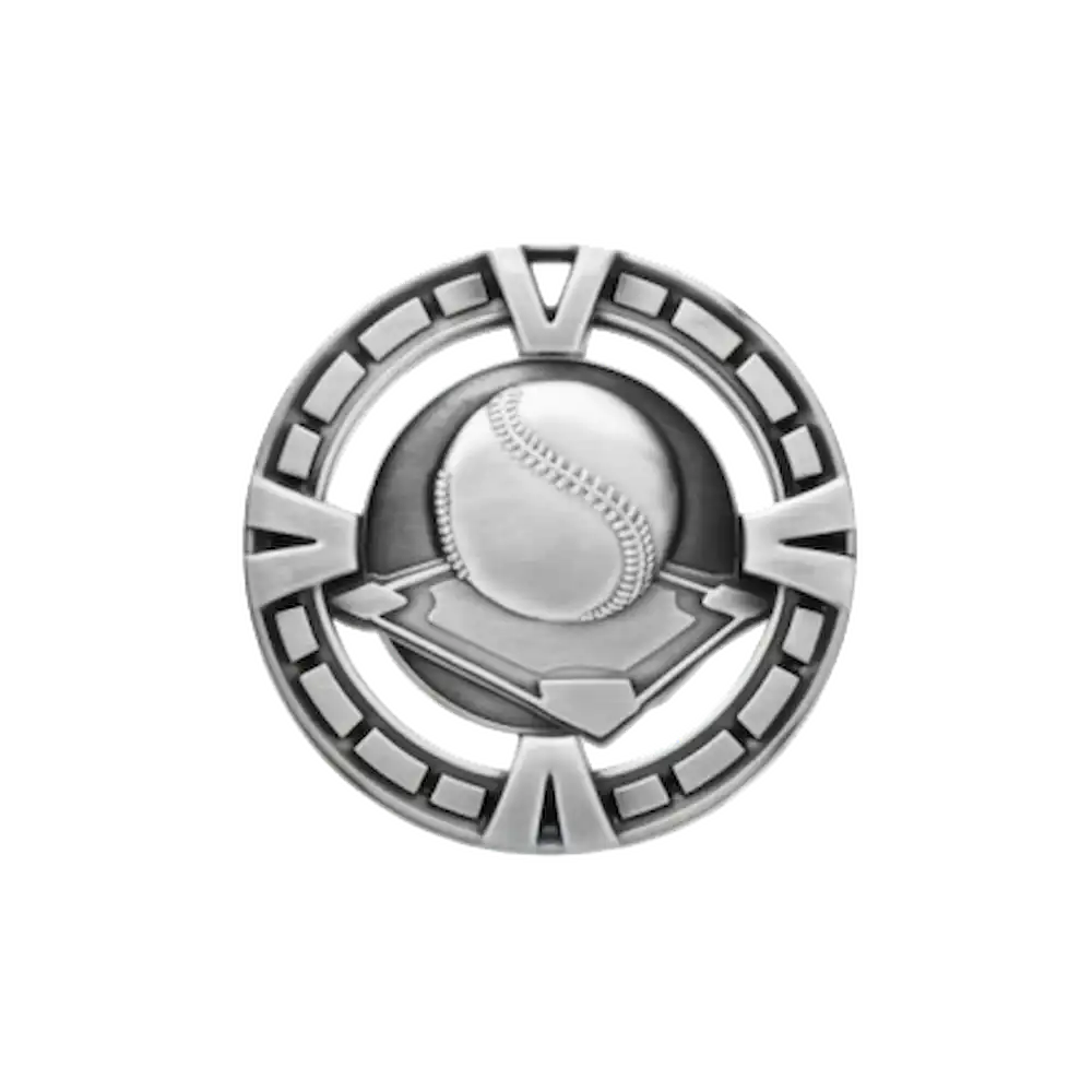 A product photo of Silver Varsity Baseball medallion.