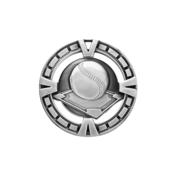A product photo of Silver Varsity Baseball medallion.