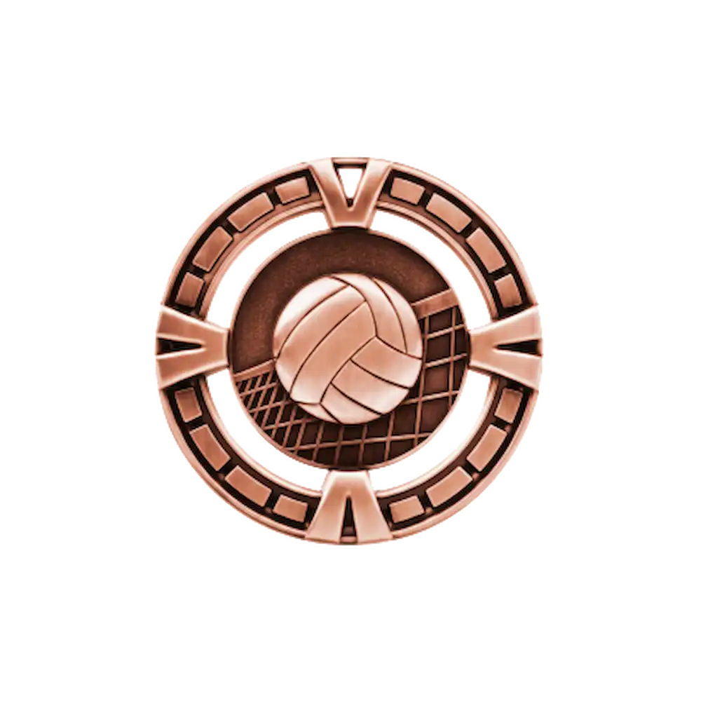 A product photo of a Bronze varsity Volleyball medallion.