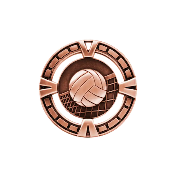 A product photo of a Bronze varsity Volleyball medallion.