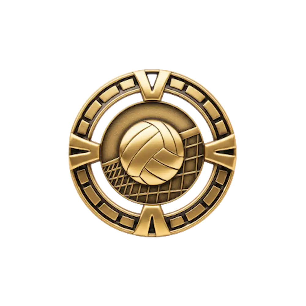 A product photo of Gold Varsity Volleyball medallion.