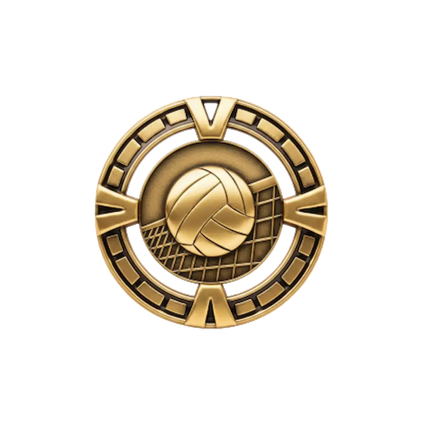A product photo of Gold Varsity Volleyball medallion.