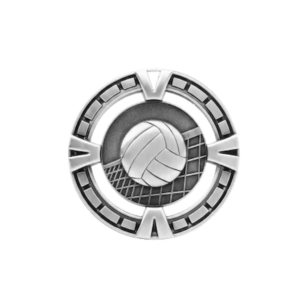 A product photo of Silver varsity Volleyball medallion.