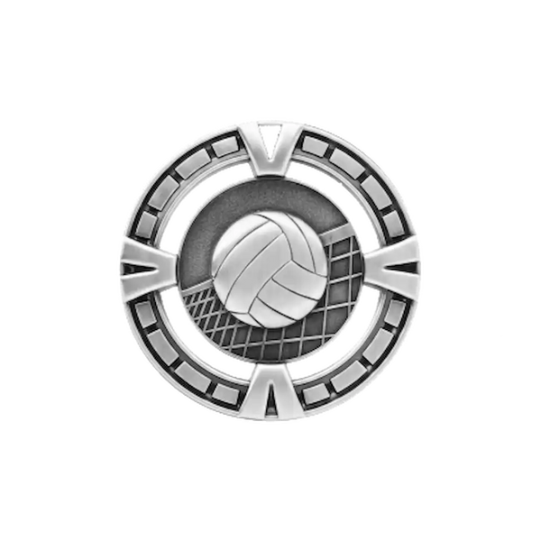 A product photo of Silver varsity Volleyball medallion.