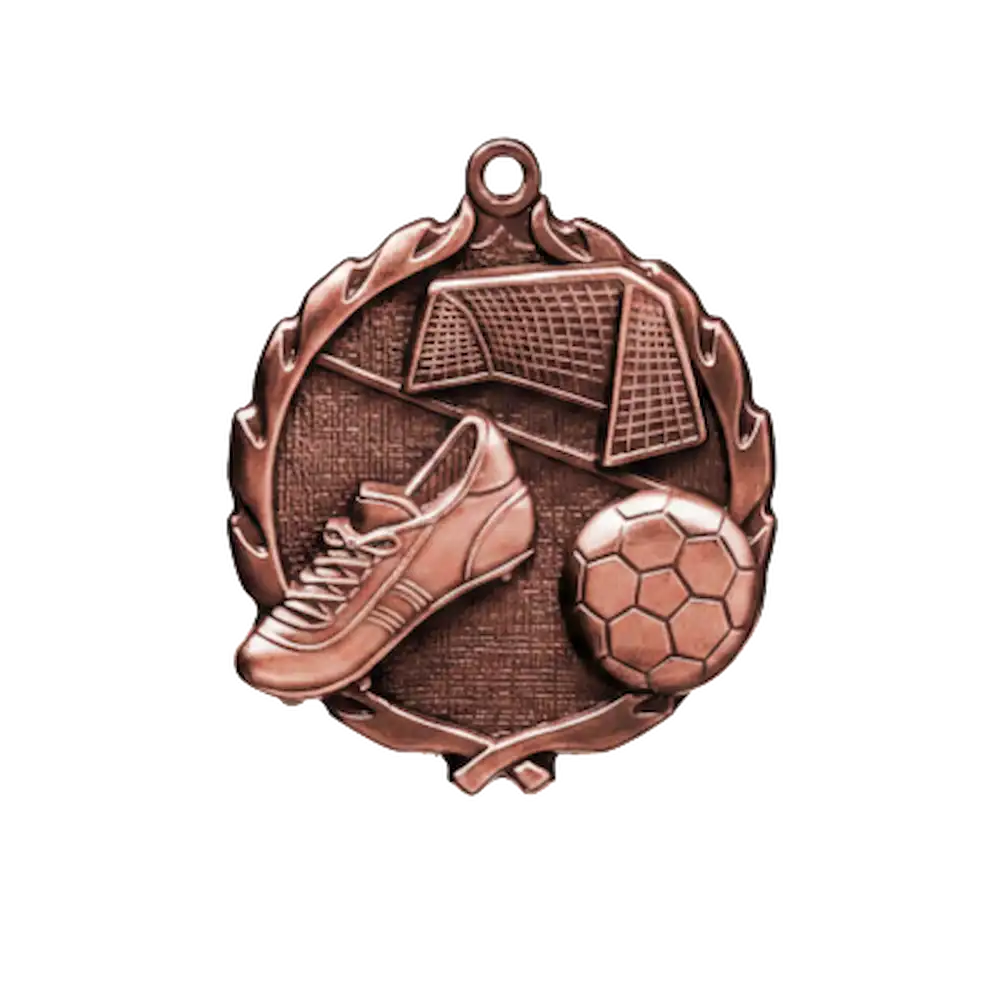 A product photo of big sculptured Bronze Soccer medallion.