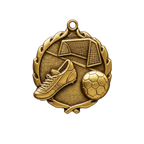 A product photo of big sculptured Gold Soccer medallion.