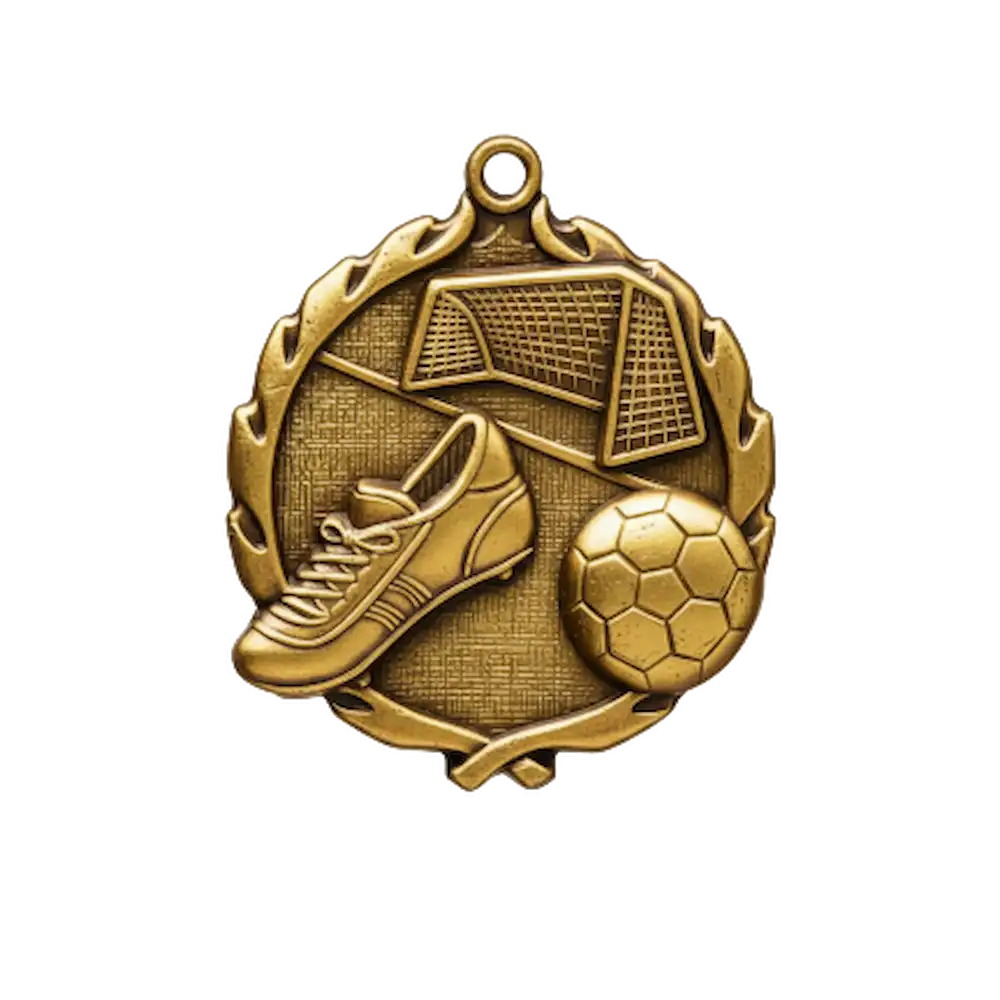 A product photo of big sculptured Gold Soccer medallion.