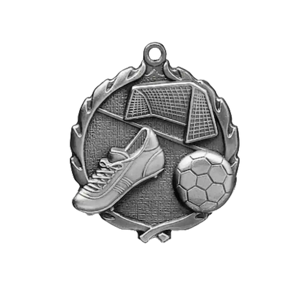 A product photo of big sculptured Silver Soccer medallion.