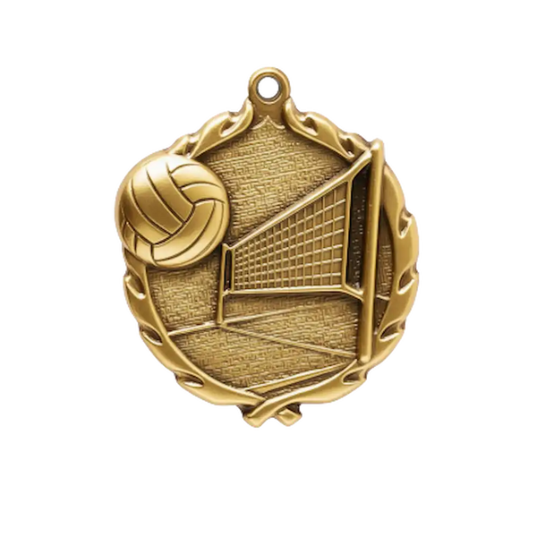 A product photo of big sculptured Gold Volleyball medallion.