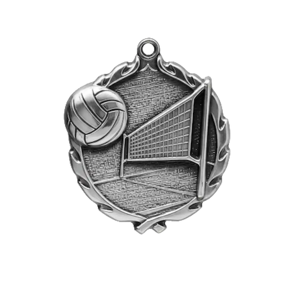 A product photo of big sculptured Silver Volleyball medallion.