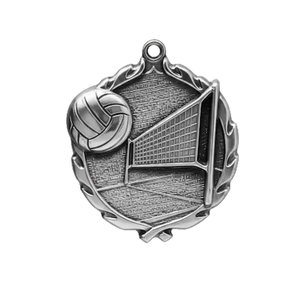 A product photo of big sculptured Silver Volleyball medallion.