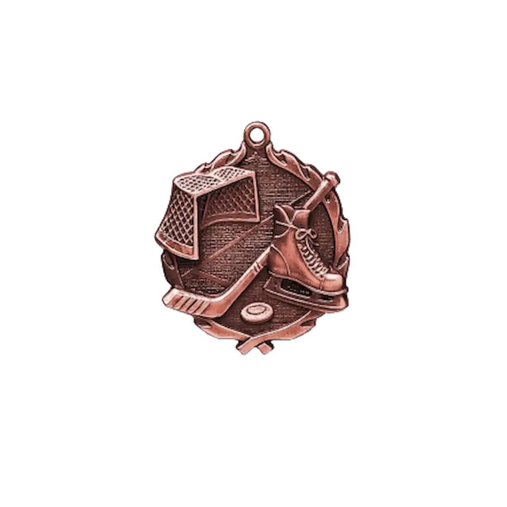 A product photo of small sculptured Bronze Hockey medallion.