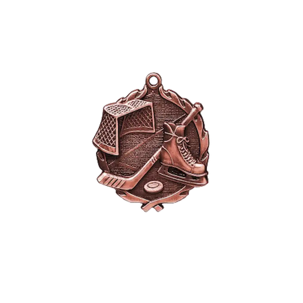 A product photo of small sculptured Bronze Hockey medallion.