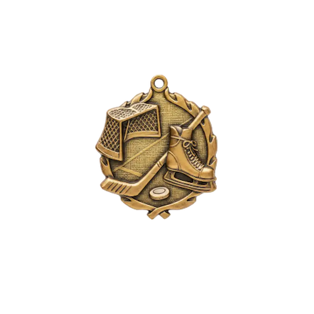 A product photo of small sculptured Gold Hockey medallion.