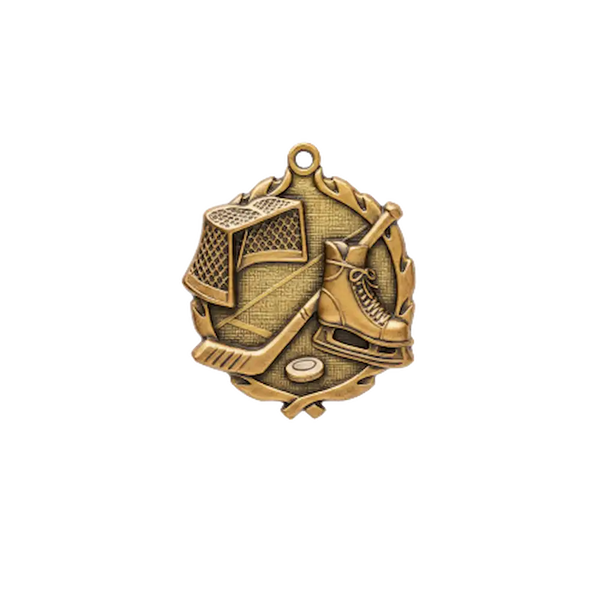 A product photo of small sculptured Gold Hockey medallion.
