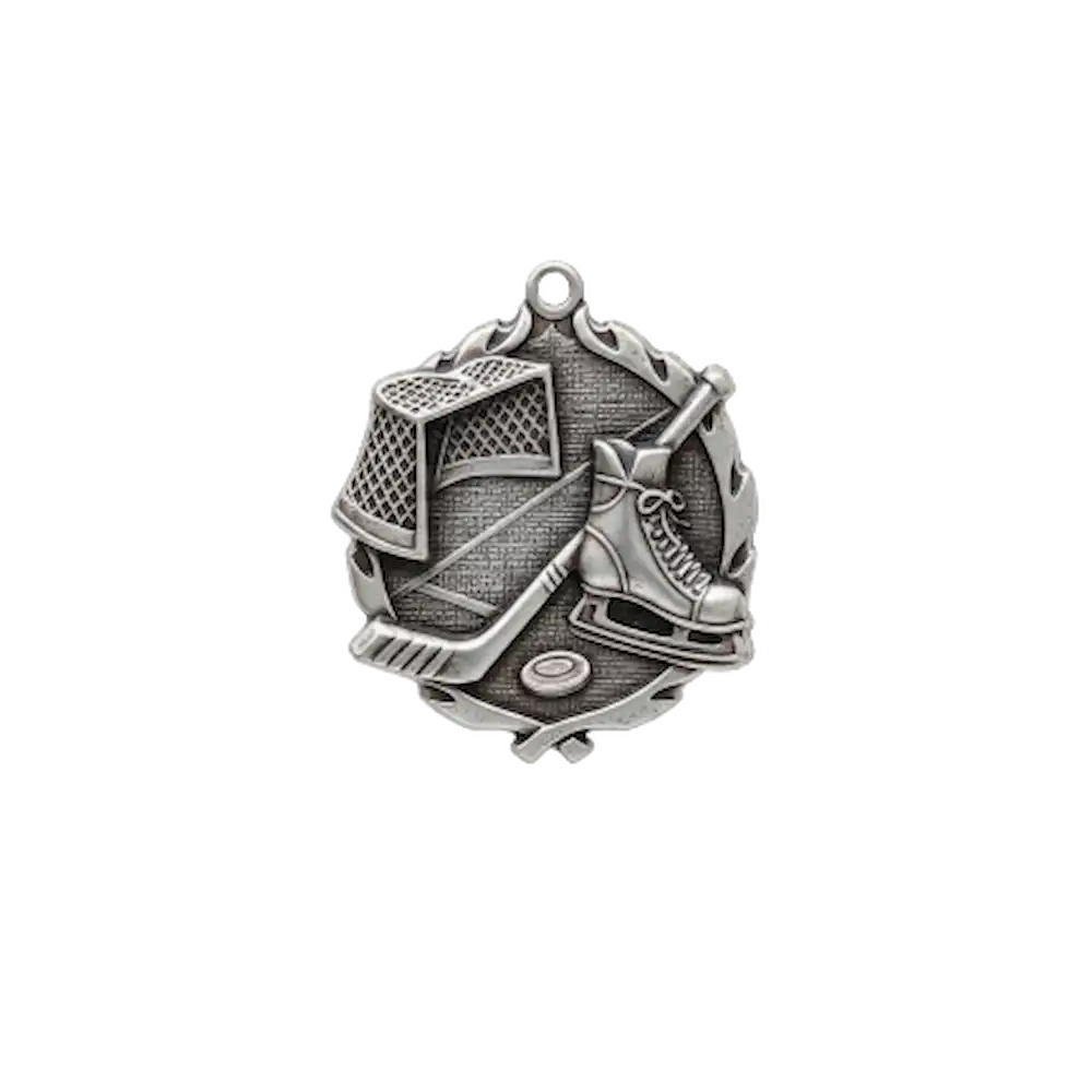 A product photo of small sculptured Silver Hockey medallion.
