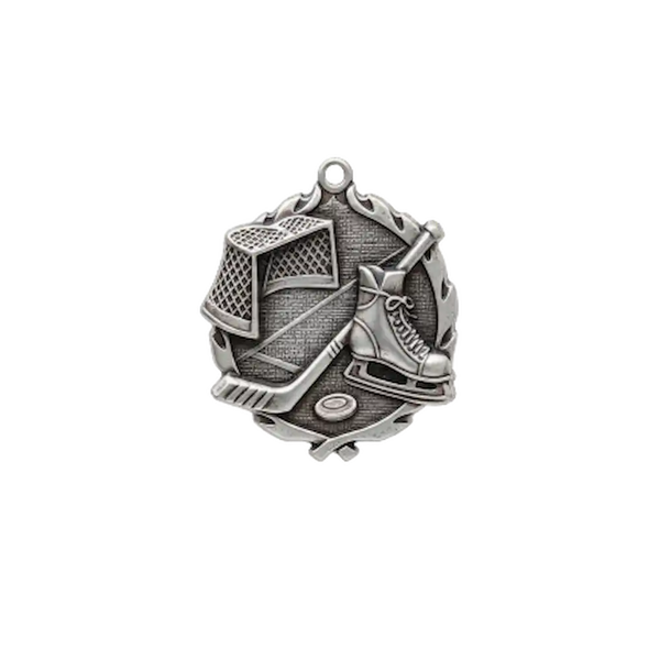 A product photo of small sculptured Silver Hockey medallion.