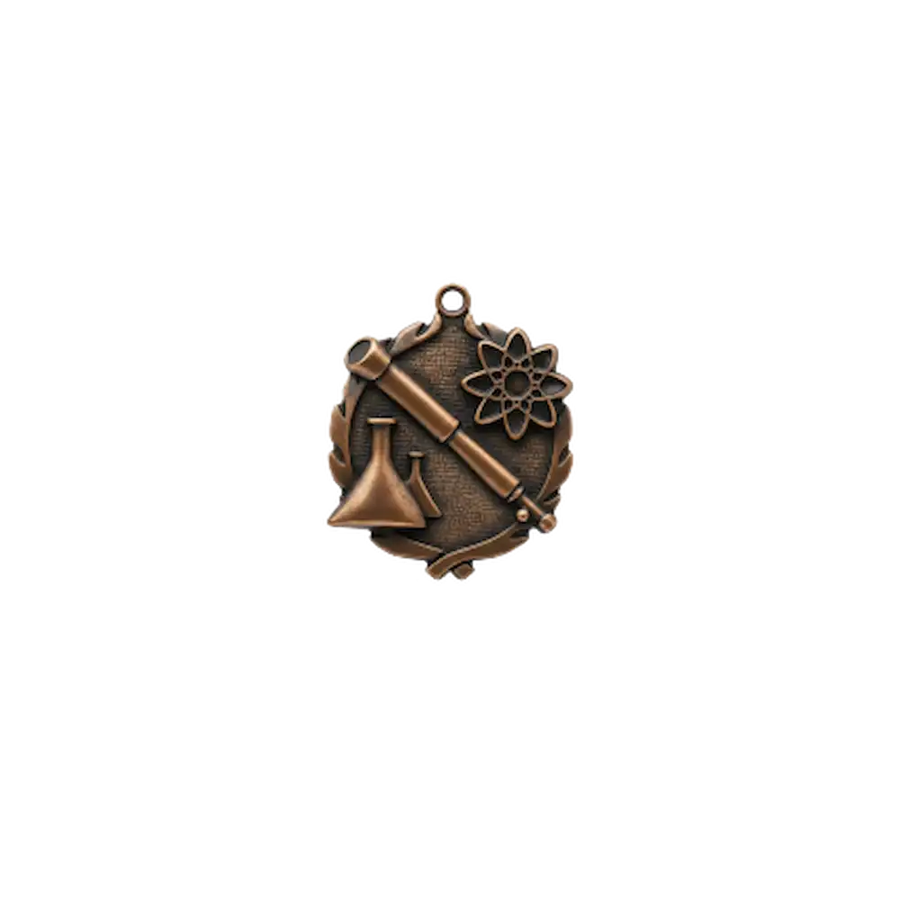 A product photo of small sculptured Bronze Science medallion.