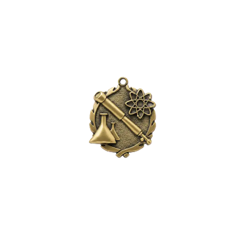 A product photo of small sculptured Gold Science medallion.