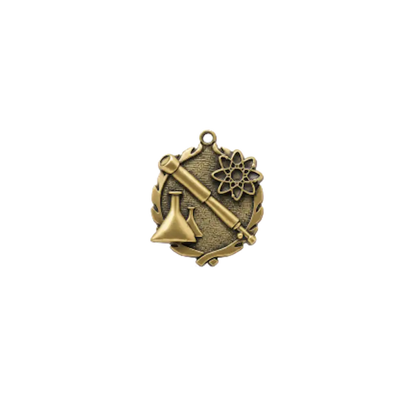 A product photo of small sculptured Gold Science medallion.