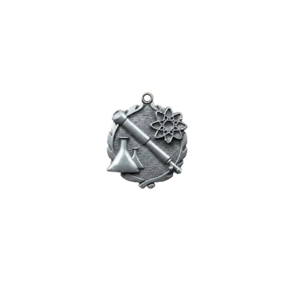 A product photo of small sculptured Silver Science medallion.