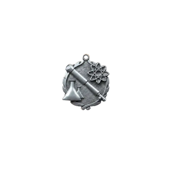 A product photo of small sculptured Silver Science medallion.