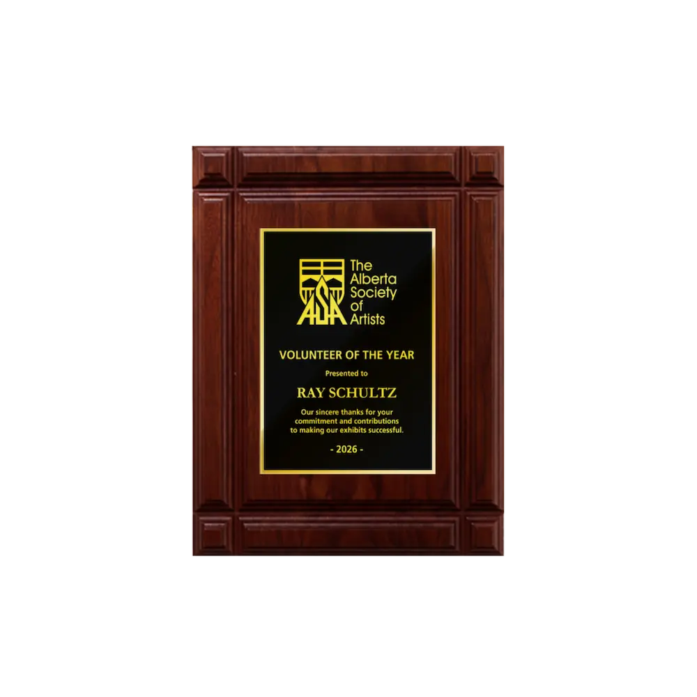 A photo of a solid wood Deep Groove Walnut plaque with a traditional engraved plate covering the plaque.