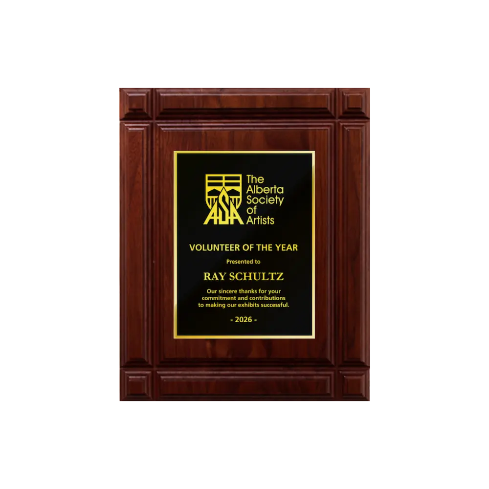 A photo of a solid wood Deep Groove Walnut plaque with a traditional engraved plate covering the plaque. 