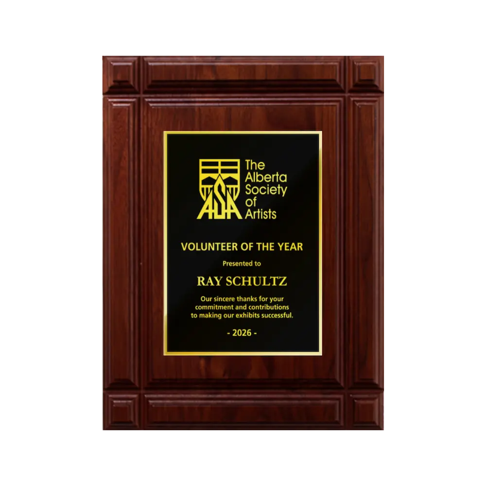 A photo of a solid wood Deep Groove Walnut plaque with a traditional engraved plate covering the plaque. 