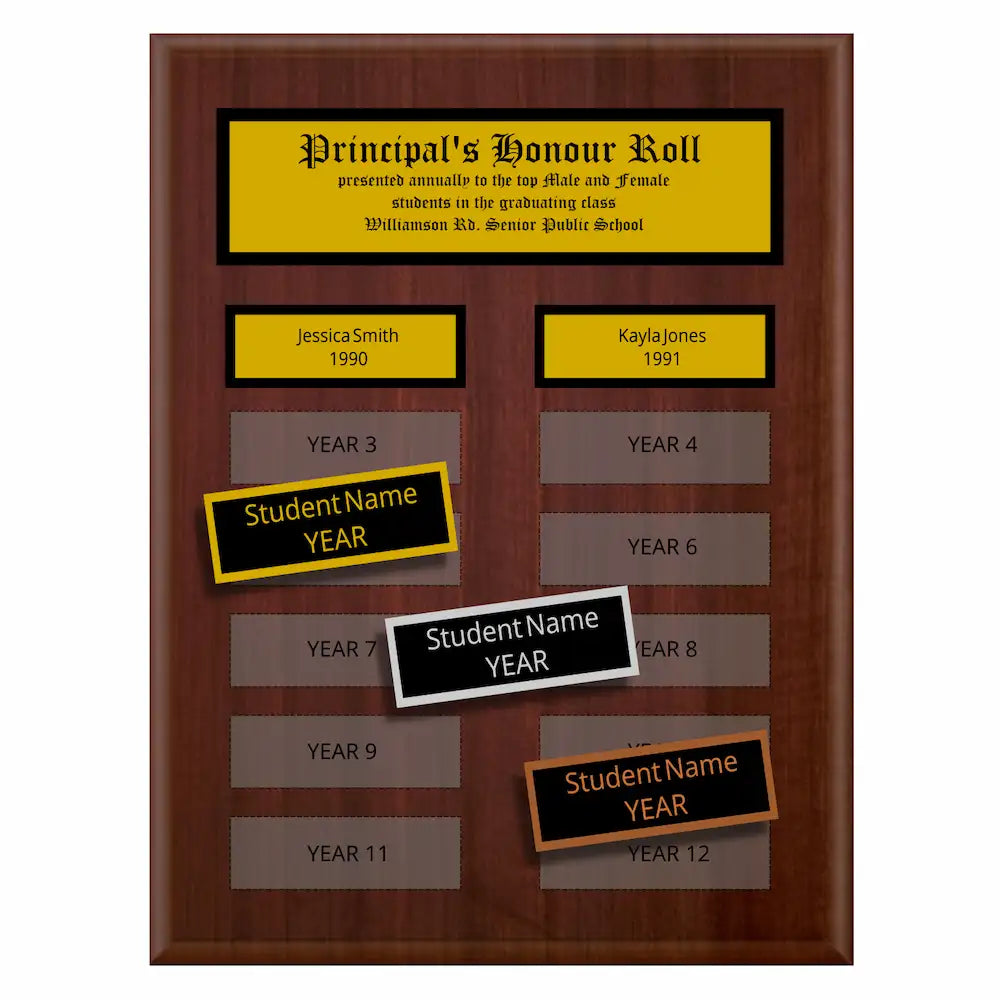 A photo of a multiplate Cherrywood Laminate plaque with 12 name plates, and a traditionally engraved header plate.
