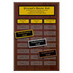 A photo of a multiplate Cherrywood Laminate plaque with 24 name plates, and a traditionally engraved header plate.