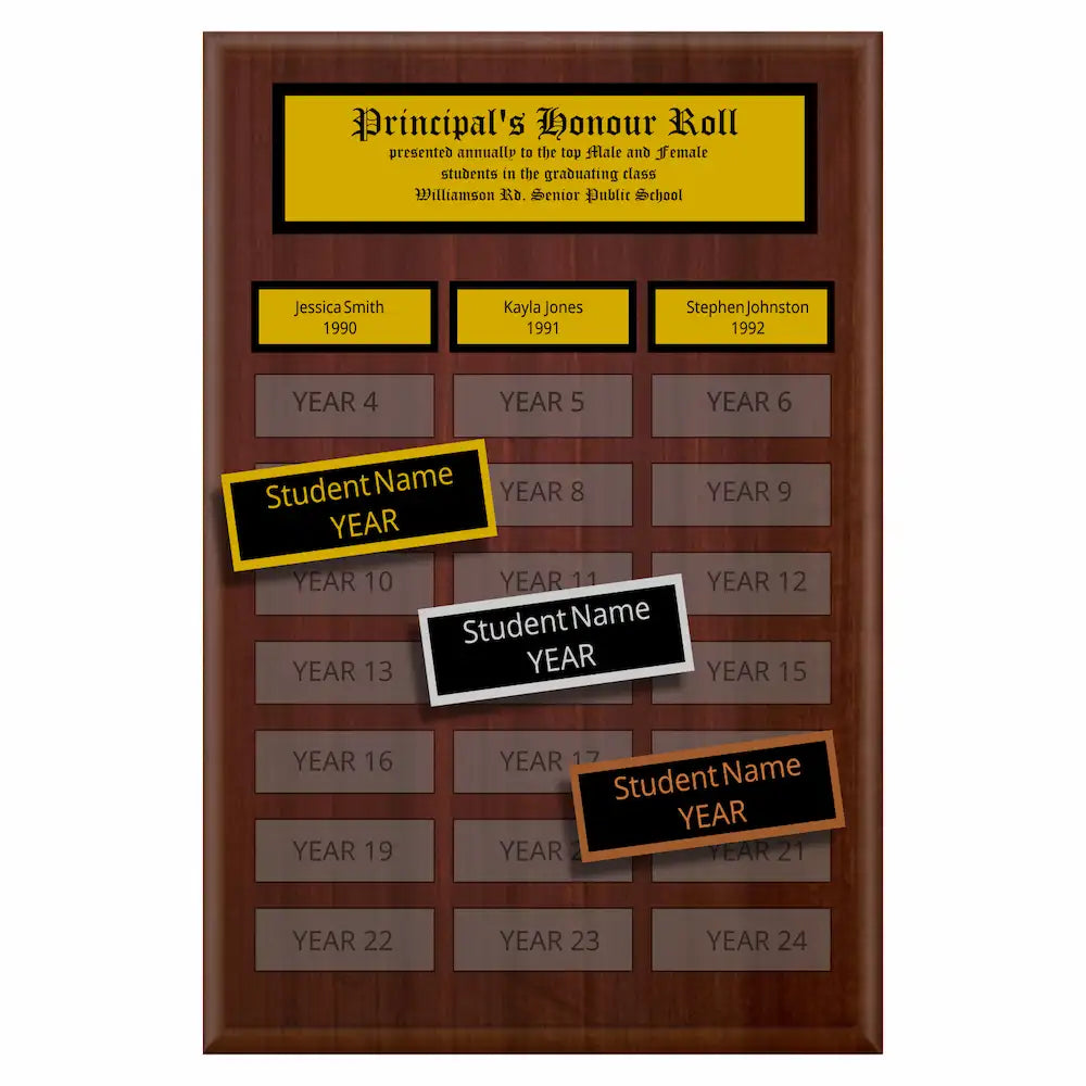 A photo of a multiplate Cherrywood Laminate plaque with 24 name plates, and a traditionally engraved header plate.