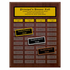 A photo of a multiplate Cherrywood Laminate plaque with 40 name plates, and a traditionally engraved header plate.